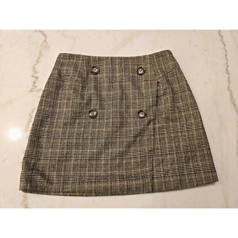 See U Soon Gray/Brown Plaid Tweed Button  A-Line Mini Skirt Wmns Sz 2 Anthro